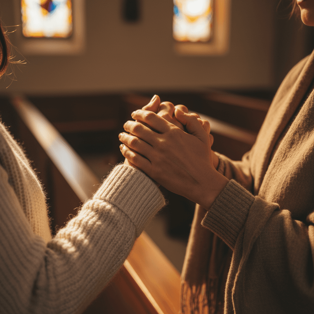Two women's hands joined in solidarity and prayer